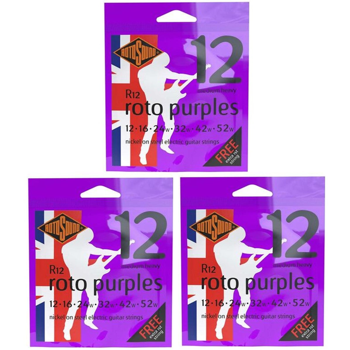 Electric Guitar Strings 12-52 Purples 3 Set Bundle RotoSound R12