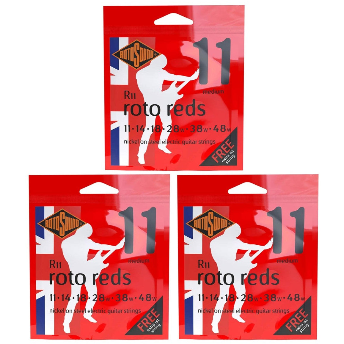 Electric Guitar Strings 11-48 Reds 3 Set Bundle RotoSound R11